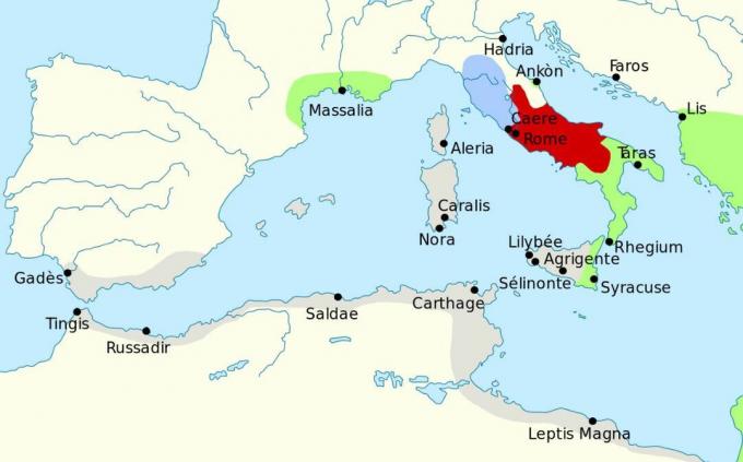 Peta yang menunjukkan wilayah Mediterania barat pada tahun 279 SM.