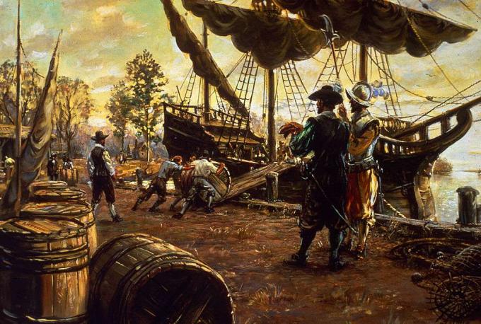 Para pemukim menggulung barel tembakau ke atas lereng dan ke atas kapal sebagai persiapan untuk ekspor, Jamestown, Virginia, 1615.