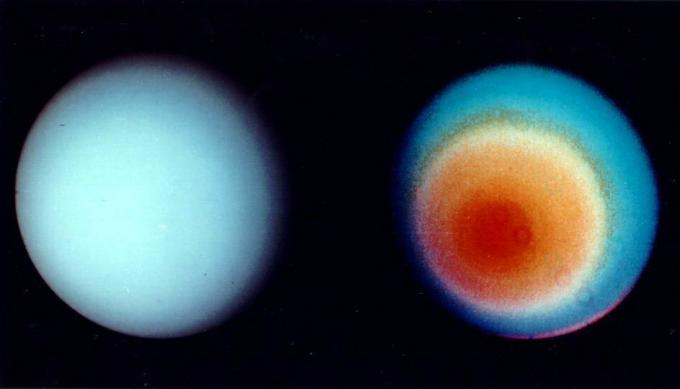 Dua pemandangan Uranus dari Voyager 2.