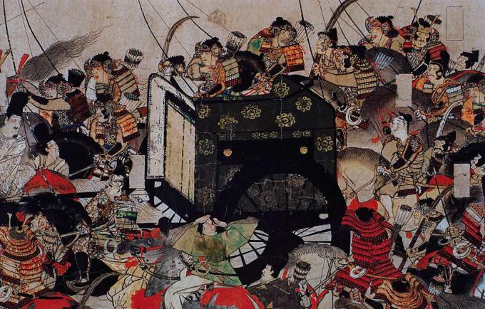 Detail Samurai Melindungi Kereta Kerajaan dari Lukisan Gulir.