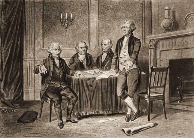 Ilustrasi empat Bapak Pendiri Amerika Serikat, dari kiri, John Adams, Robert Morris, Alexander Hamilton, dan Thomas Jefferson, 1774.