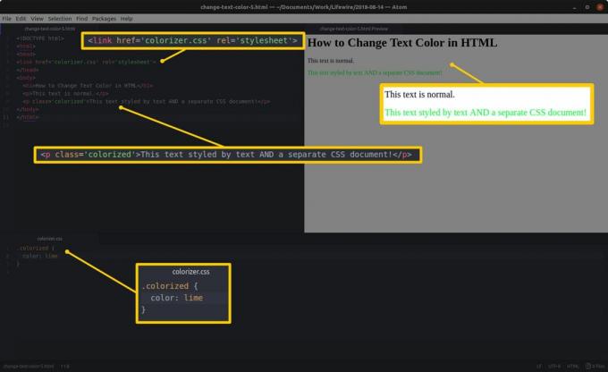 Editor kode dengan HTML dan bagian yang disorot di sebelah kiri dan pratinjau HTML dan hasil yang disorot di sebelah kanan, dan panel pengeditan CSS dengan bagian yang disorot di bagian bawah