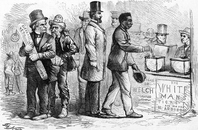 Maret 1867, kartun politik Harper's Weekly oleh kartunis Amerika Thomas Nast, menggambarkan seorang Afrika-Amerika pria yang memberikan suaranya ke dalam kotak suara selama pemilihan Georgetown saat Andrew Jackson dan yang lainnya melihat dengan marah.