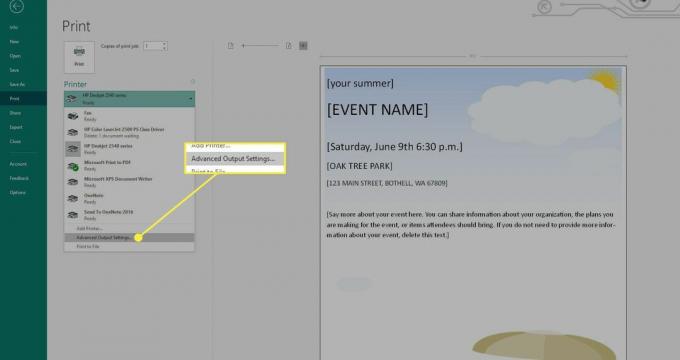 Tangkapan layar layar Cetak Penerbit dengan opsi Pengaturan Output Lanjutan disorot