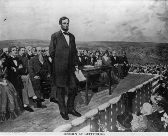 Abraham Lincoln, Presiden Amerika Serikat ke-16, menyampaikan pidatonya yang terkenal 'Gettysburg Address', 19 November 1863.