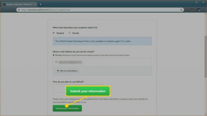 Tangkapan layar formulir permintaan manfaat siswa GitHub.