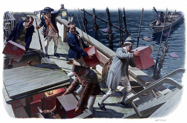 Lukisan yang menggambarkan protes politik oleh 'Sons of Liberty' yang dikenal sebagai Boston Tea Party pada 16 Desember 1773 di Boston, Massachusetts.