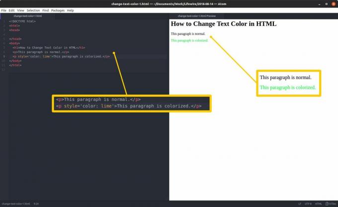 Editor kode dengan HTML dan bagian yang disorot di sebelah kiri dan pratinjau HTML dan hasil yang disorot di sebelah kanan