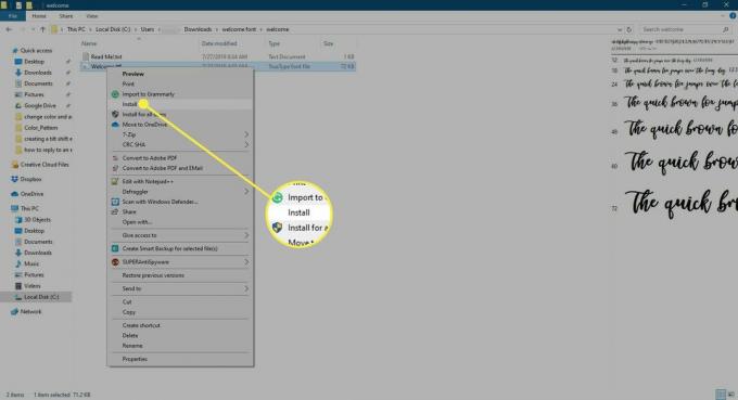 Tangkapan layar menu opsi untuk file font dengan opsi Instal disorot