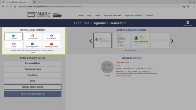 Opsi platform email di Signatures Generator
