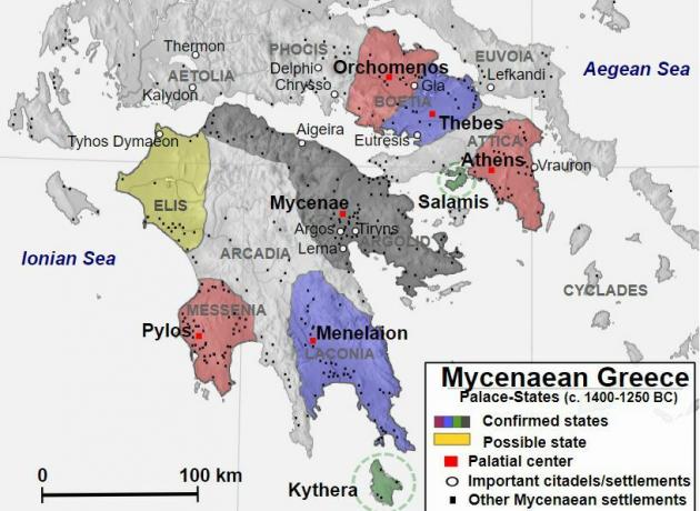 Peta yang menunjukkan Mycenaean Greece dari tahun 1400 hingga 1250 SM.