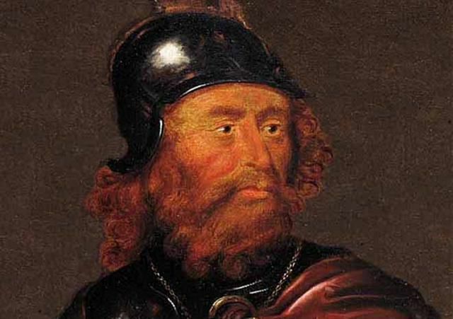 Lukisan Raja Robert the Bruce mengenakan helm.