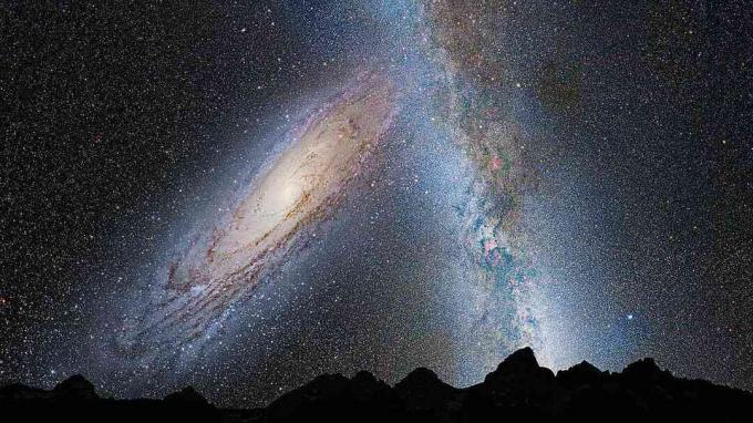 Andromeda dan Bima Sakti bertabrakan, seperti yang terlihat dari permukaan sebuah planet di dalam galaksi kita.