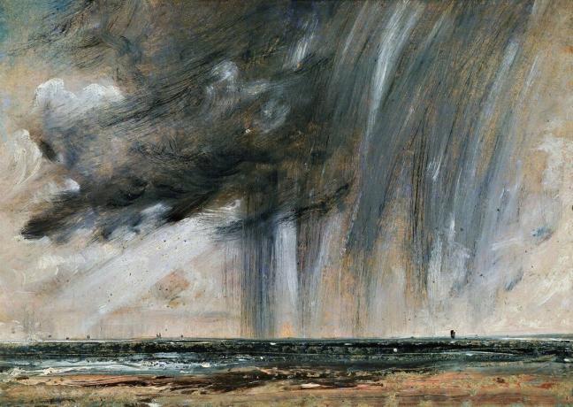 Hujan badai di atas laut, studi pemandangan laut dengan awan hujan, ca 1824-1828, oleh John Constable (1776-1837), minyak di atas kertas diletakkan di atas kanvas, 22,2x31 cm