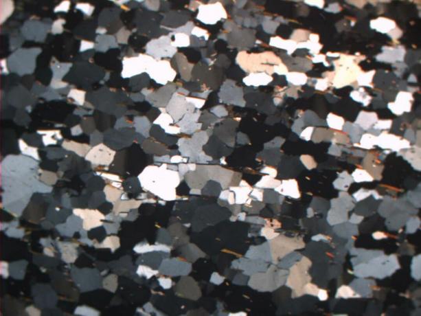 Bagian tipis kuarsait yang diperbesar menampilkan mineralologinya.