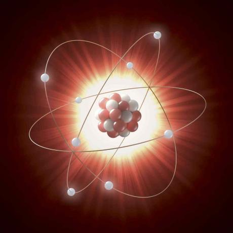 Ilustrasi inti atom sebagai serangkaian lingkaran merah dan putih, yang mengorbit oleh elektron yang diwakili oleh lingkaran putih.