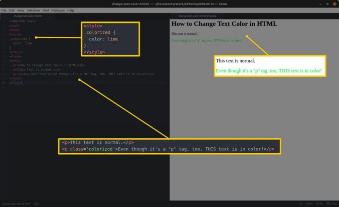 Editor kode dengan HTML dan bagian yang disorot di sebelah kiri dan pratinjau HTML dan hasil yang disorot di sebelah kanan