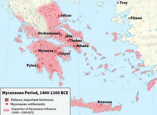 Peta yang menunjukkan peradaban Mycenaen pada 1400 hingga 1100 SM.