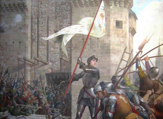 Joan of Arc berbaju besi melambaikan bendera putih dan emas di depan tentara.