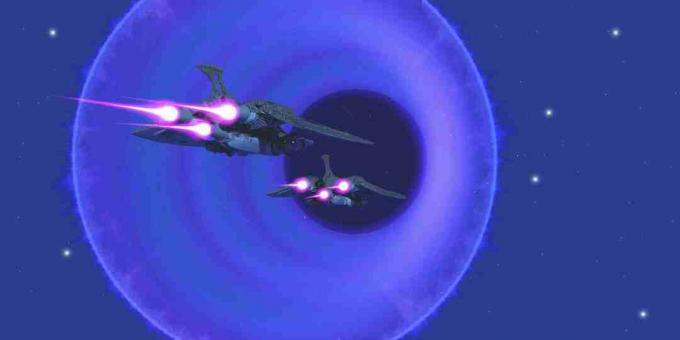 Penggambaran artistik dari dua pesawat ruang angkasa melawan langit malam yang biru, dengan lingkaran energi yang menggambarkan lubang cacing melalui ruang.