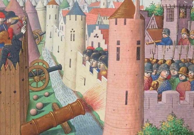 Drawin abad pertengahan dari benteng kayu melintasi tembok kota dengan Earl of Salisbury terluka.