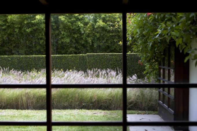 Taman dilihat dari ruang interior di Schindler House 1922 di Los Angeles, California