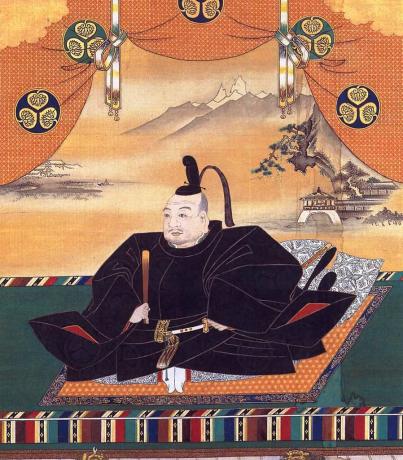 Lukisan Tokugawa Ieyasu duduk di atas karpet.