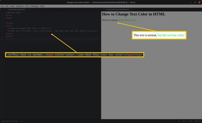 Editor kode dengan HTML dan bagian yang disorot di sebelah kiri dan pratinjau HTML dan hasil yang disorot di sebelah kanan