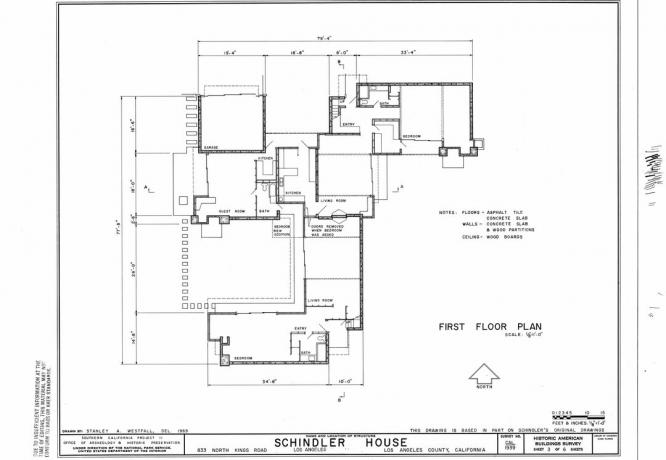 Denah Lantai Pertama Rumah Schindler 1922 di Los Angeles, California, digambar oleh Stanley A. Westfall, 1969