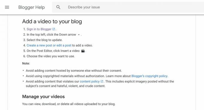 Halaman bantuan Blogger tentang menambahkan video ke blog Anda