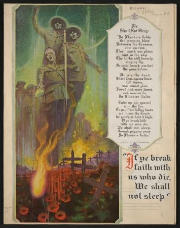 Tiga tentara Perang Dunia I terbakar di atas kuburan, di sebelah kata-kata puisi oleh John McCrae