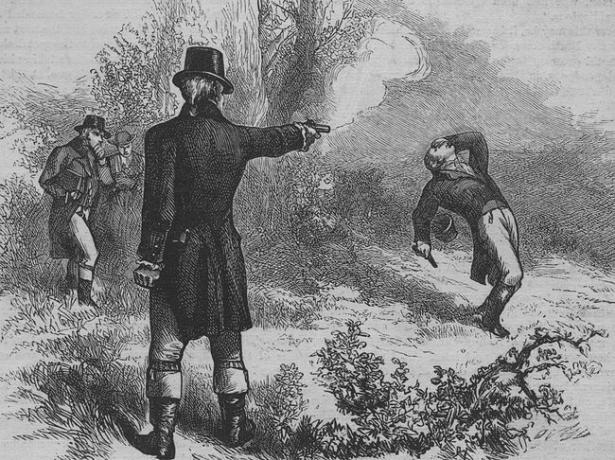 Wakil Presiden Aaron Burr membunuh mantan Menteri Keuangan Alexander Hamilton dalam duel pada 11 Juli 1804.