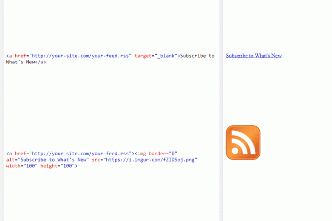 Cuplikan layar menunjukkan dua cara untuk menautkan ke umpan RSS menggunakan HTML