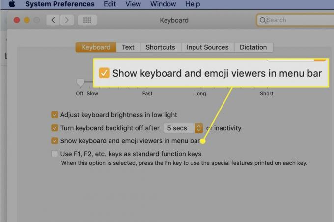 Pengaturan "Tampilkan pemirsa keyboard dan emoji di bilah menu"