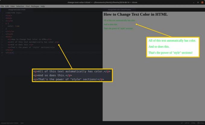 Editor kode dengan HTML dan bagian yang disorot di sebelah kiri dan pratinjau HTML dan hasil yang disorot di sebelah kanan