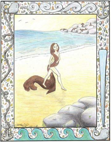 Seorang wanita selkie keluar dari laut dan melepaskan kulit anjing lautnya.