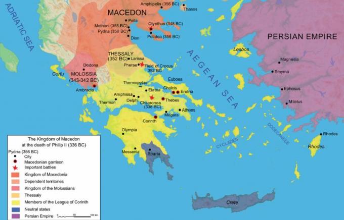 Peta wilayah Aegean kuno di 336 SM.