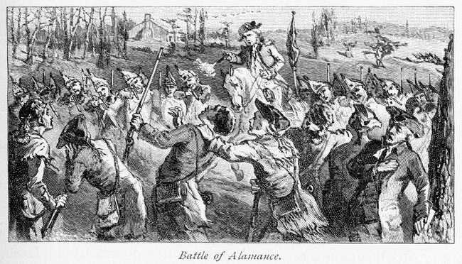 Pasukan milisi Gubernur Tryon menembaki Regulator selama Pertempuran Alamance, pertempuran terakhir dari Perang Regulasi.