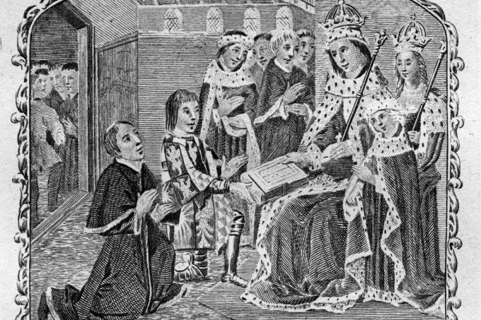 Earl Rivers, putra Jacquetta, memberikan terjemahan ke Edward IV. Elizabeth Woodville berdiri di belakang raja.