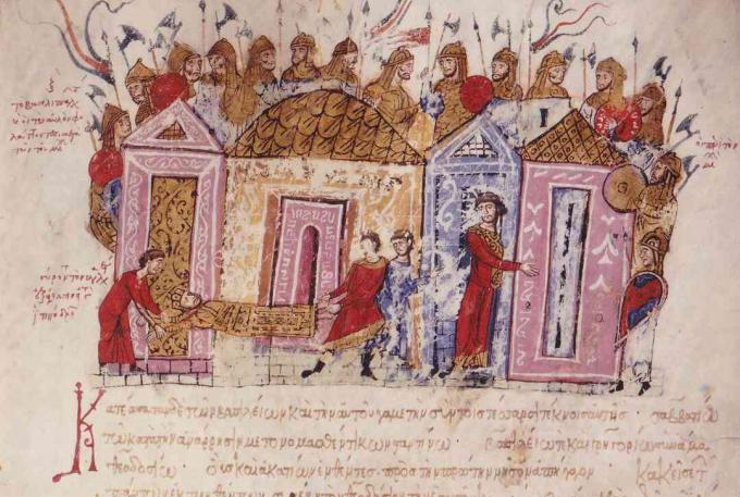 The Varangian Guard (Miniatur dari Madrid Skylitzes), abad ke 11-12. Koleksi Biblioteca Nacional, Madrid, Spanyol.