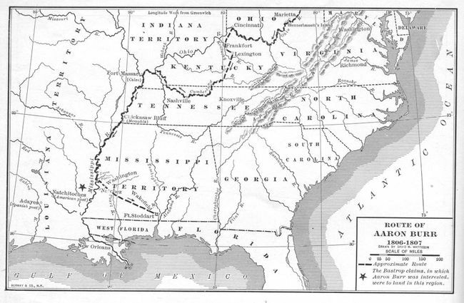 Peta menggambarkan perkiraan rute mantan Wakil Presiden AS Aaron Burr selama perjalanannya menyusuri Sungai Mississippi dalam apa yang kemudian dikenal sebagai konspirasi Burr pada tahun 1806-1807